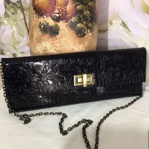 Vintage Jessica McClintok Handbag Black Vegan Leather Embossed Floral Design